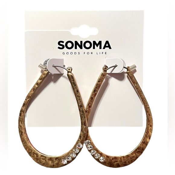 🤯5/$20🤯 NWT Sonoma Large Hammered Gold Rhinestone Hoop Statement Earrings - Picture 1 of 2